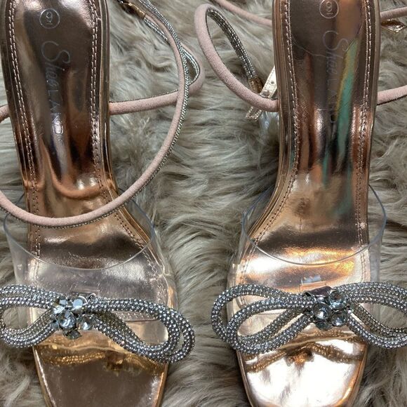 ShoeLand Clear Ankle Wrap Wedding Diamond Bow Detail Square Toe Perspex Heel - Picture 6 of 16